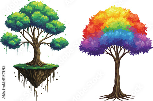 fantasy tree, colorful foliage, rainbow leaves, floating island, magical nature, surreal landscape, vibrant art, imaginative design, creative illustration, digital artwork