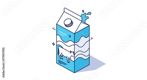 A carton of milk with a cow illustration and waves on a white background.