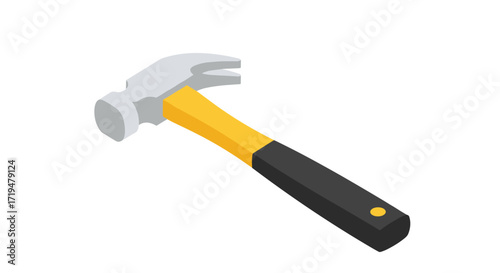 An isometric illustration of a claw hammer with a yellow and black handle.