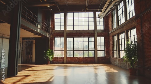 Spacious industrial loft with large windows and wooden floor bathed in sunlight