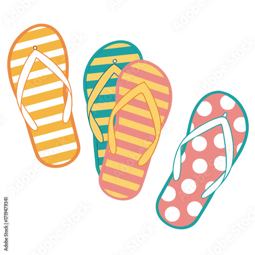 Flip-flop illustration set with striped and polka dot summer sandals in orange, teal, and pink for beach and vacation themes