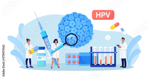 Human papillomavirus. Doctor diagnosis HPV virus. Cervical cancer early diagnostics and checkup. Scientist analyzing infected cells. HPV vaccination for reduce virus infection risk or oncology