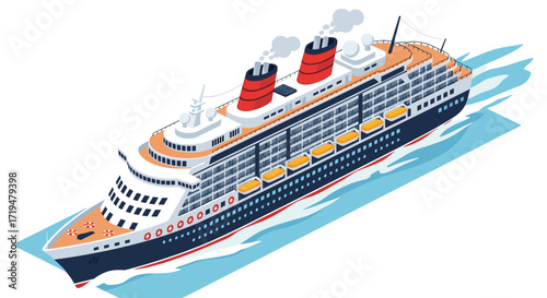 A large passenger ship sails on the ocean under a bright sky.