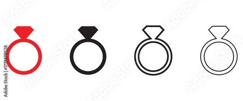 Engagement ring vector icon set, engagement diamond ring vector, silhouette and line art