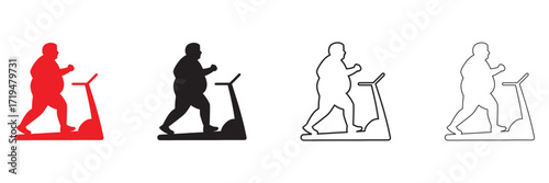 overweight man exercising with dumbbell, gym fitness vector illustration, silhouette and line art