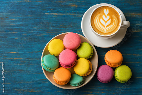 Multicolored French macarons in a plate, next to a cappuccino, against a blue wooden vintage background. Top view.