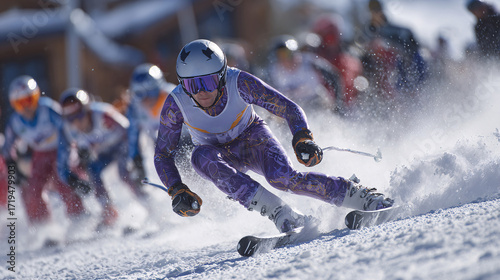 A dynamic sports photo of a skier on the track during an Olympic competition, with a blurred background and an athletic pose.