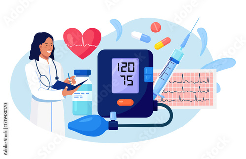 Hypertension, hypotension disease. Doctor writing results of cardiology checkup. Big sphygmomanometer with cardiogram, medications, syringe, heart. Cardiologist measuring patients high blood pressure