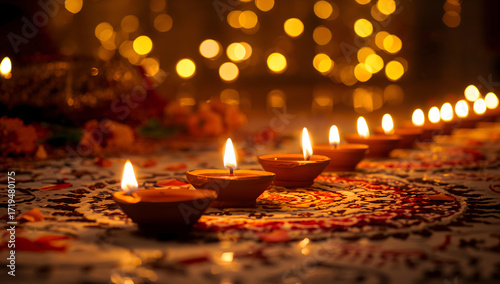 Festival of lights marking triumph of good, with diyas, rangoli, sweets, fireworks, prayers, and family joy.