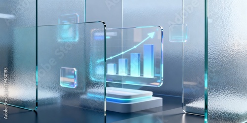 Futuristic finance dashboard with 3d glass interface showing rising bar chart and upward trend line in modern neon blue office setting, data analytics and growth concept