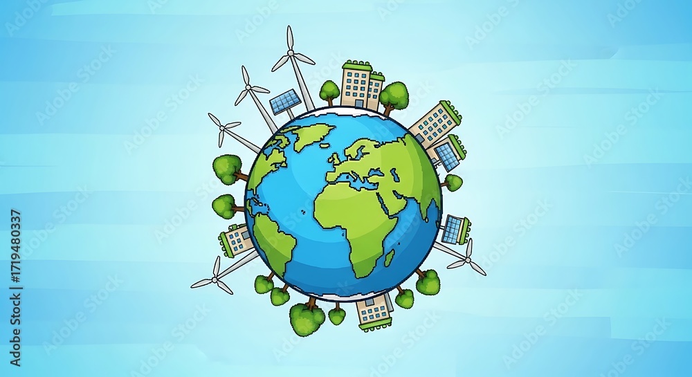 Naklejka premium Sustainable Earth Illustration with Wind Turbines Solar Panels and Buildings