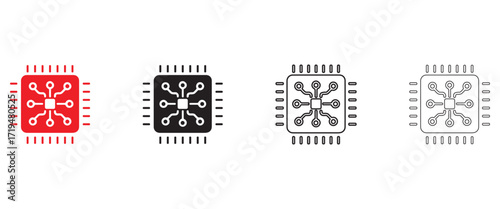 CPU chip icon, Central processor microchip symbol, Chipset sign vector illustration, silhouette and line art