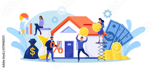 Tiny people buying house in debt. People investing money in property. Mortgage loan, ownership and savings. Home is like a piggy bank. Real estate investment, house purchase.