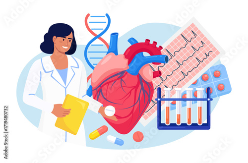 Cardiology. Cardiologist examine human heart. Doctor treat heart disease, check patient heartbeat and pulse, cardiogram, diagnosis stroke. Medical examination cardiovascular pressure
