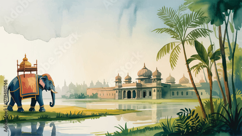 Vector art of elephant with ornate howdah near a palace by a lake
