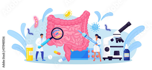 Tiny doctors examining gastrointestinal tract, bowel, digestive system. Intestinal inflammation, Enteritis, Colitis, Dysbacteriosis. Intestine health. Gut microorganisms and friendly flora