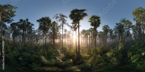 Fototapeta Naklejka Na Ścianę i Meble -  Sunrise in lush jungle hdr panoramic view nature blissful environment