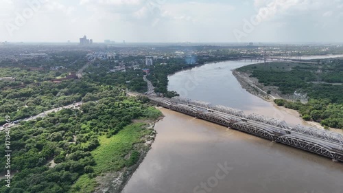 Aerial Drone View of Lohapul, Old Yamuna Bridge, Delhi, India – High Water Levels, 2025 Rains
