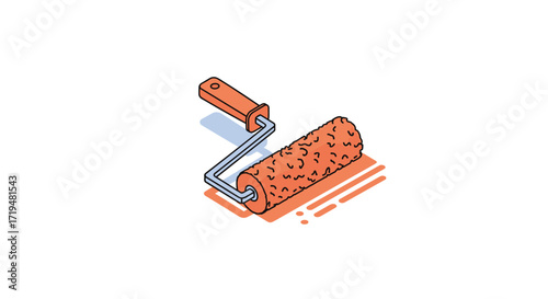 An isometric illustration of a textured paint roller with an orange handle ready for painting.