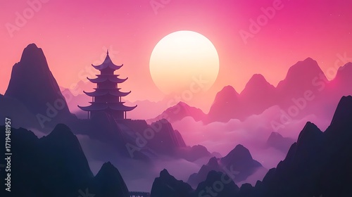 Serene asian pagoda nestled amongst misty mountains at sunset