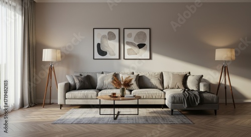 Modern Living Room Interior with Abstract Art and Sofa.