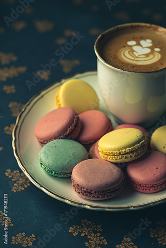 Multicolored French macarons in a plate, next to a cappuccino, against a black vintage background.
