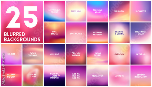 BIG set of 25 square blurred nature purple pink backgrounds. With various quotes. Sunset and sunrise sea sky blurred blue background