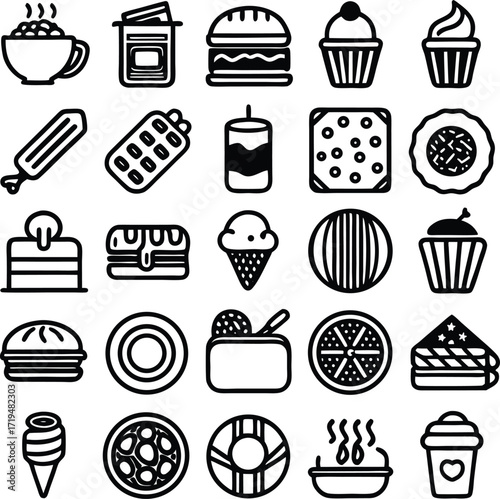 Diverse collection of delicious food icons perfect for culinary websites apps and menus including fast food desserts and sweets