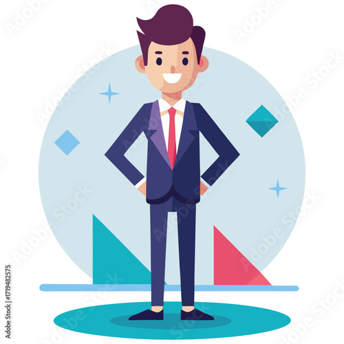 Modern business character standing with geometric memphis style elements and vibrant colors