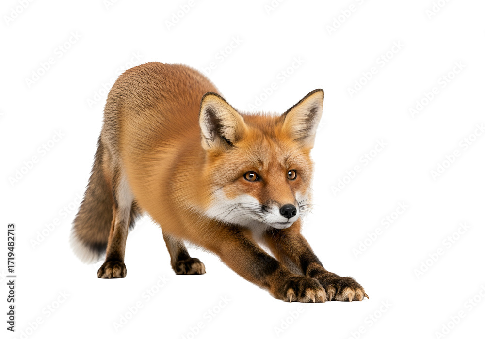 Fototapeta premium A red fox stretches its limbs against a stark black background, showcasing its detailed fur and alert expression.