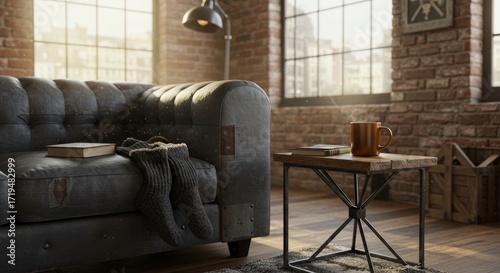 Cozy Living Room Scene with Coffee Books and Socks.