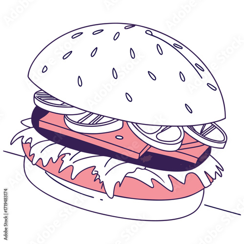 Minimalist line art burger illustration with vibrant color accents and clean typography