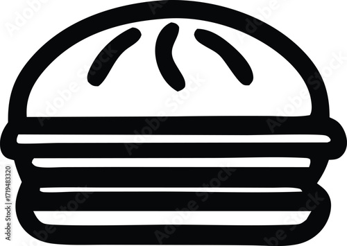 Simple black and white outline drawing of a round dumpling with folded top and layered bottom on a