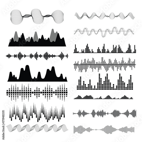Black and White Audio Sound Waveform Collection