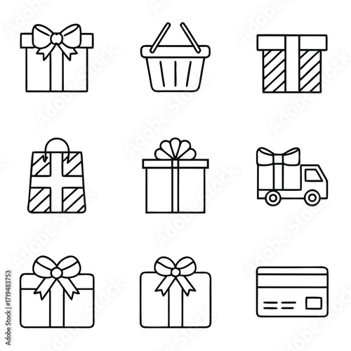 Shopping and gift icon set with delivery truck, basket, bag, credit card, and present boxes in minimal line style