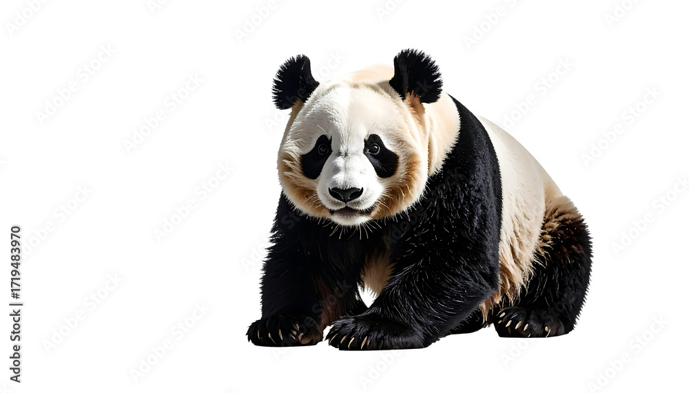 Naklejka premium A plump giant panda sits against a stark black background, its thick, black-and-white fur contrasting sharply. Its expression is calm and gentle