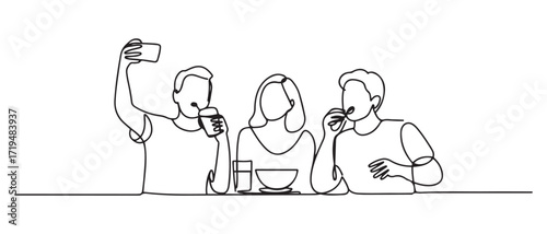 Simple line drawing of people selfie while drinking at a hangout. Happy people eating. one line Icon drawing with white background