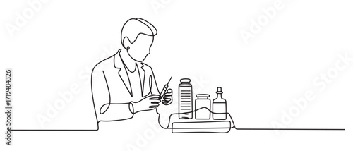 Single one line drawing man The doctor is preparing the injection equipment with anesthesia. one line Icon drawing with white background