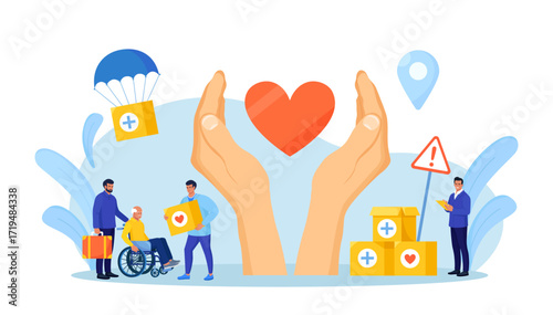 Humanitarian aid. Social worker distributing food, medical supplies to needy people. Volunteering, donation, humanitarian relief. Volunteers giving help boxes to refugees Government assistance to poor