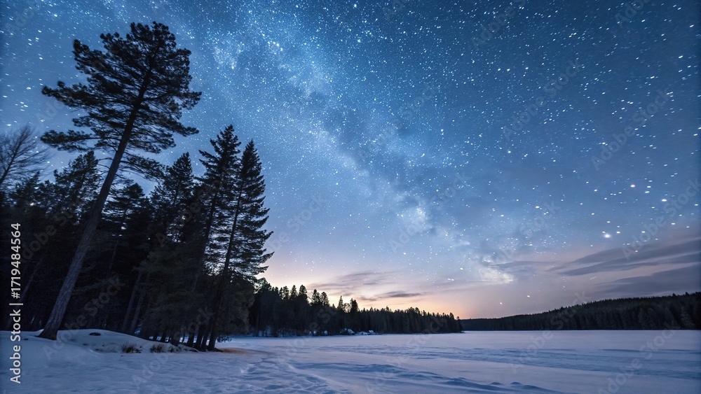 Fototapeta premium Starry night illuminates a serene snowy landscape beneath a blanket of twinkling stars and towering pines