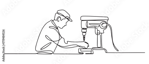 Single continuous line drawing of a craftsman using a drilling machine. one line Icon drawing with white background