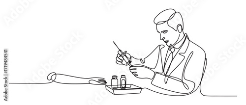 Single one line drawing man The doctor is preparing the injection equipment with anesthesia. one line Icon drawing with white background