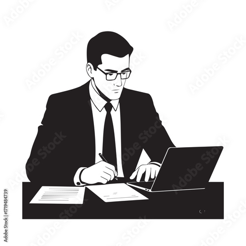 Black and white line art of a hardworking man at office desk with laptop and documents minimalist illustration