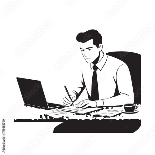 Black and white line art of a hardworking man at office desk with laptop and documents minimalist illustration