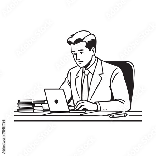 Black and white line art of a hardworking man at office desk with laptop and documents minimalist illustration