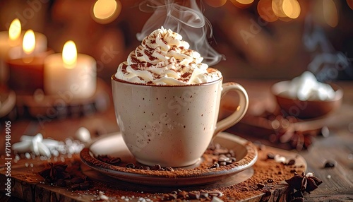 Wallpaper Mural Steaming Cocoa with Whipped Cream and Chocolate Sprinkles on Wooden Surface with Candles in Blurred Background Torontodigital.ca