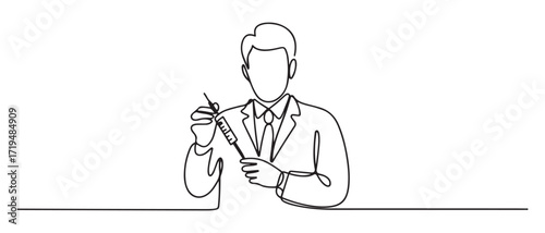 Single one line drawing man The doctor is preparing the injection equipment with anesthesia. one line Icon drawing with white background