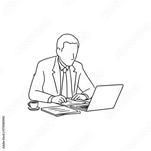 Black and white line art of a hardworking man at office desk with laptop and documents minimalist illustration