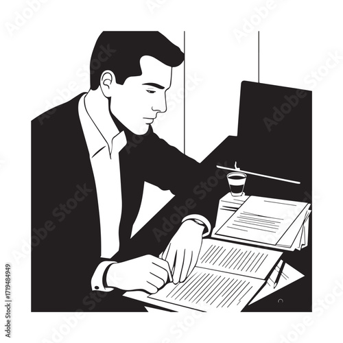 Black and white line art of a hardworking man at office desk with laptop and documents minimalist illustration