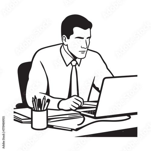 Black and white line art of a hardworking man at office desk with laptop and documents minimalist illustration